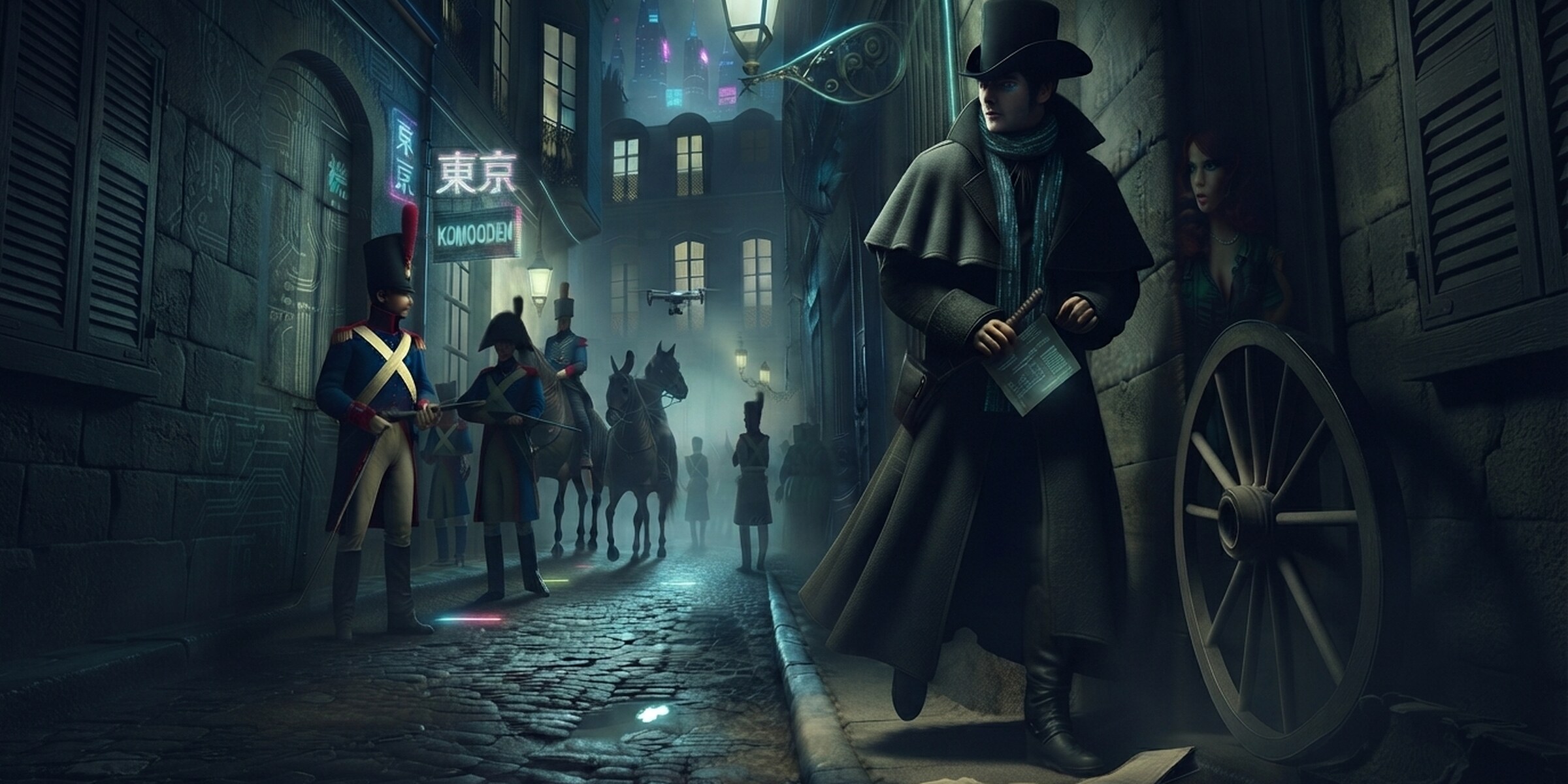 Une ruelle pavée la nuit, des soldats de l'Empire et un homme en haut-de-forme tenant un message, sous des néons.